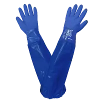 X-Large hands are protected with the FrogWear® supported gloves, featuring triple-dipped blue PVC, antimicrobial 13-gauge cotton